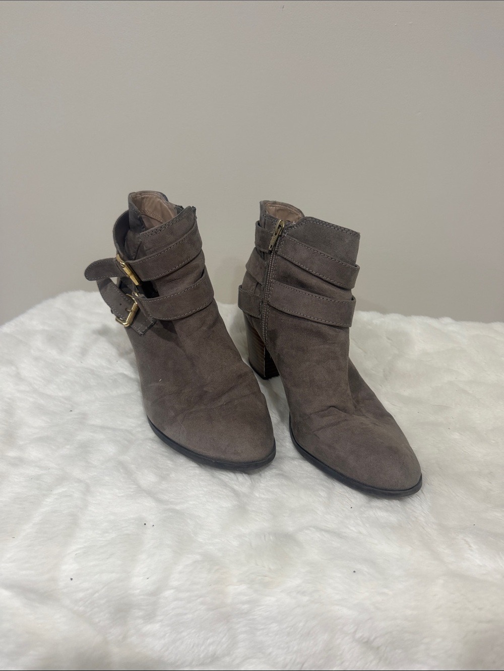 Women's Taupe Suede Ankle Boots with Buckle Detail